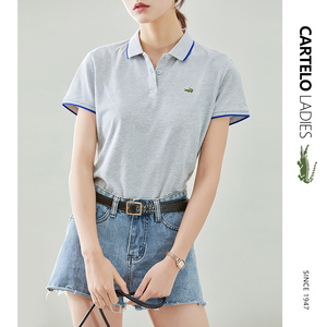 鳄鱼女装灰色条纹Polo衫女夏季新款短袖新款修身显瘦Polo领T恤潮
