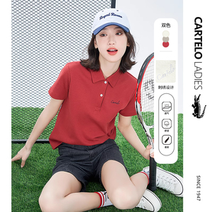 鳄鱼红色polo衫女短袖宽松夏季正肩2023年新款针织T恤运动上衣薄