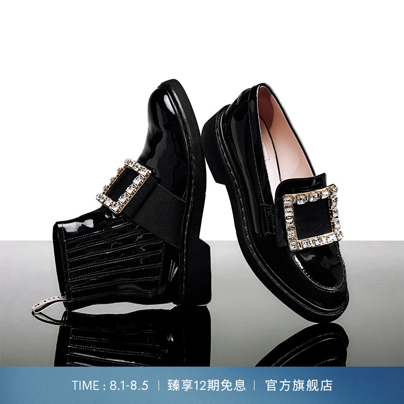 钻扣圆头漆面牛皮复古女鞋乐福