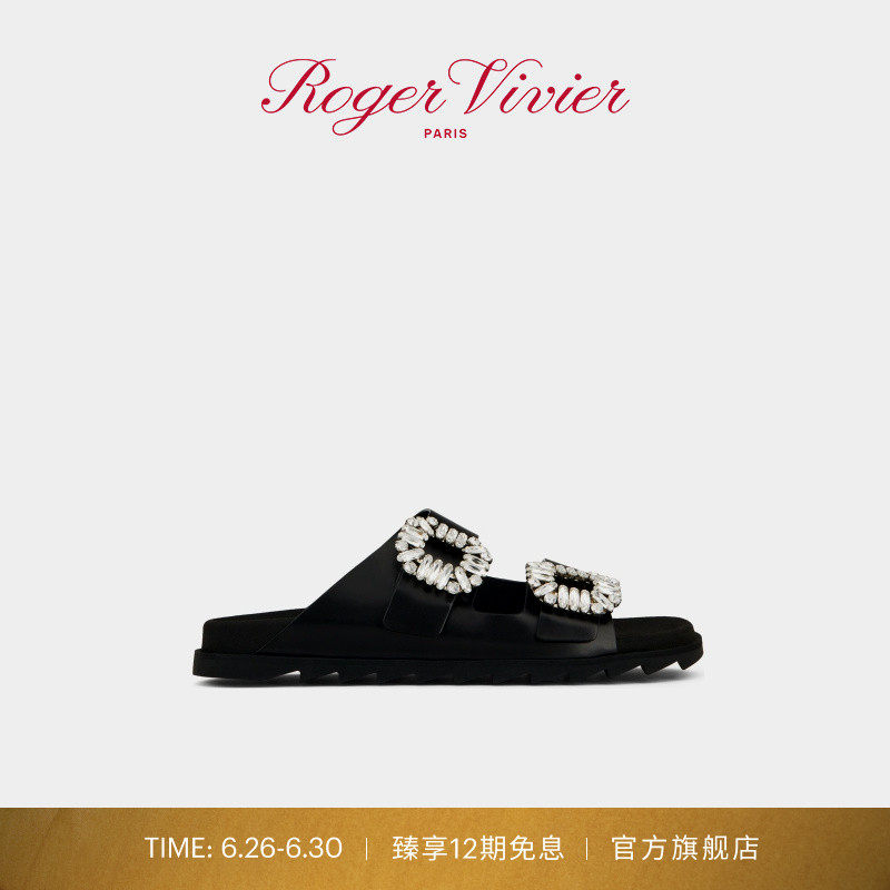 Roger Vivier/RV女鞋Slidy Viv饰扣穆勒拖鞋平底凉鞋 - 实物图