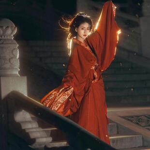 演出服套装 2025新款 衫 直裾大袖 红色复原战国袍汉服女马山楚墓古装