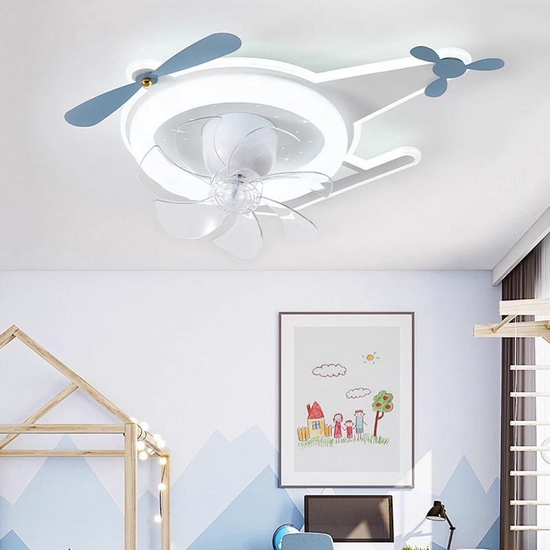儿童房风扇灯创意飞机卡通护眼男孩女孩房间灯卧室静音电扇吸顶灯