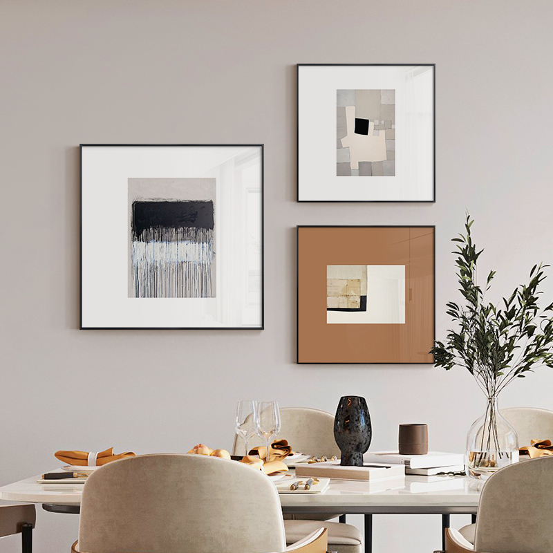现代简约餐厅装饰画意式极简客厅黑白抽象艺术正方形卧室床头挂画