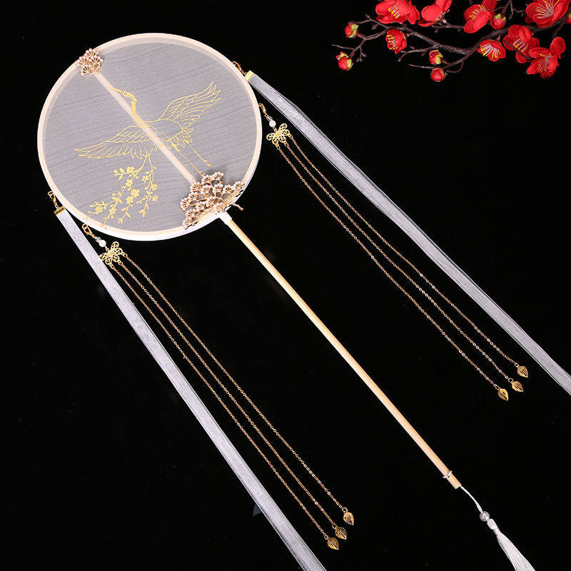 出租古风团扇长柄飘带扇子古典手工古装汉服配饰道具仙气吊坠装饰