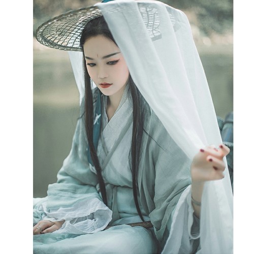 出租侠客汉服女魏晋风大袖青色