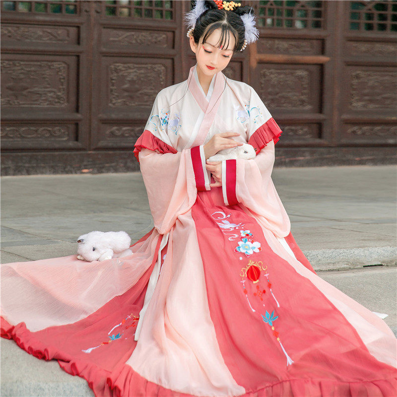 出租汉服女半臂齐腰显瘦粉色超仙嫦娥元旦年会舞蹈表演古装租赁