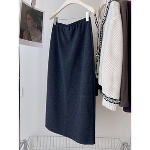 毛呢裙 松紧腰后开衩显瘦直筒半身裙女 桑蚕丝＋山羊绒 气质叠穿