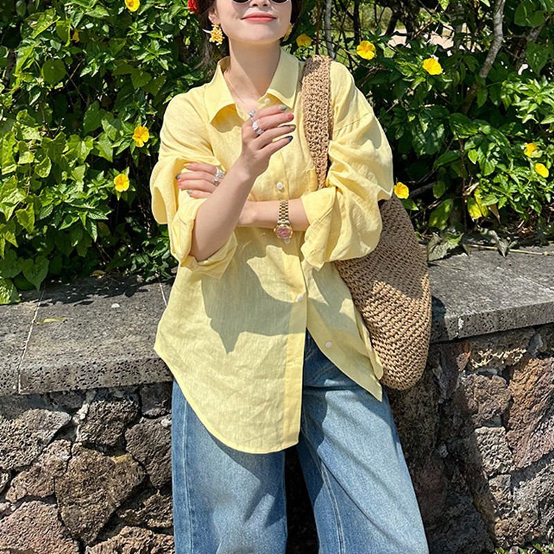 黄色100亚麻衬衫女2026春秋韩版百搭薄款防晒衬衣chic上衣