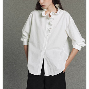 2026早春款 高密肌理长绒棉 巴洛克复古波浪荷叶花边立领衬衫