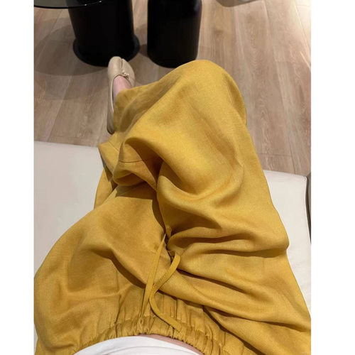 CHAO级推荐！极简高级感姜黄色松紧腰抽绳天丝亚麻休闲阔腿裤春夏