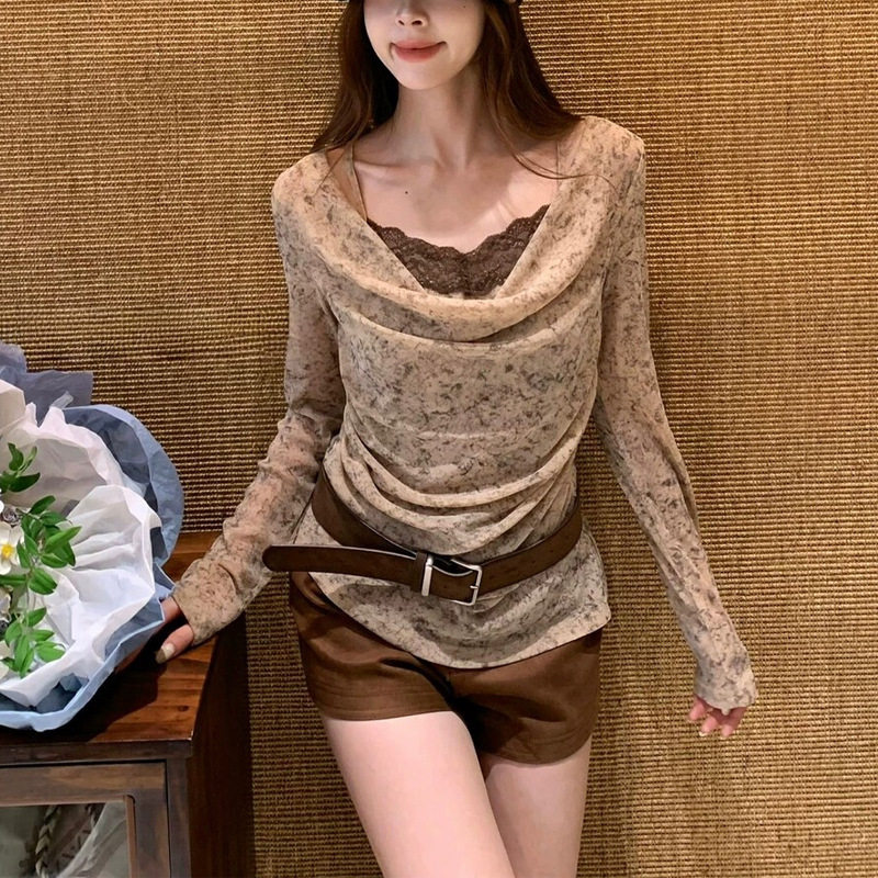纯欲气质蕾丝拼接假两件女秋季绝美一字肩荡领扎染小衫不撞衫上衣