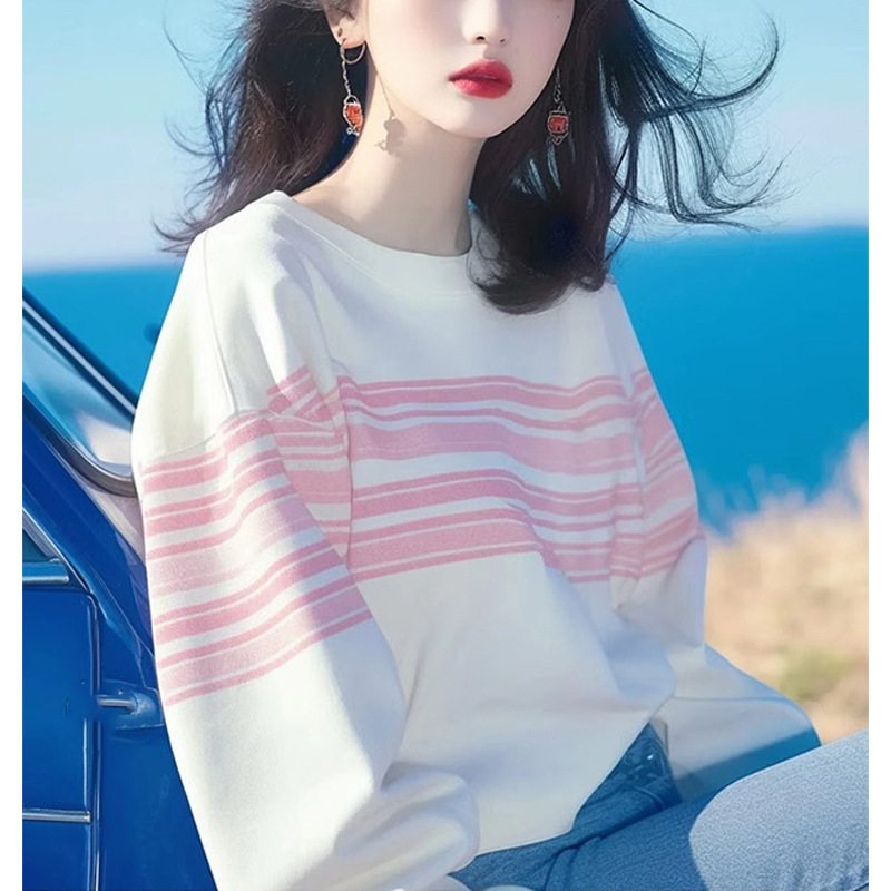 漂亮上衣小众韩系洋气减龄宽松遮肚显瘦白色条纹印花卫衣