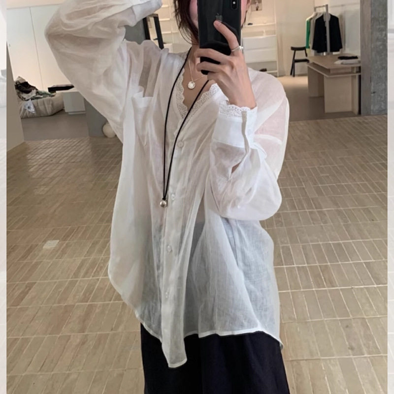 花边V领苎麻超薄冰丝防晒衬衫外套女夏季新款慵懒风宽松长袖上衣