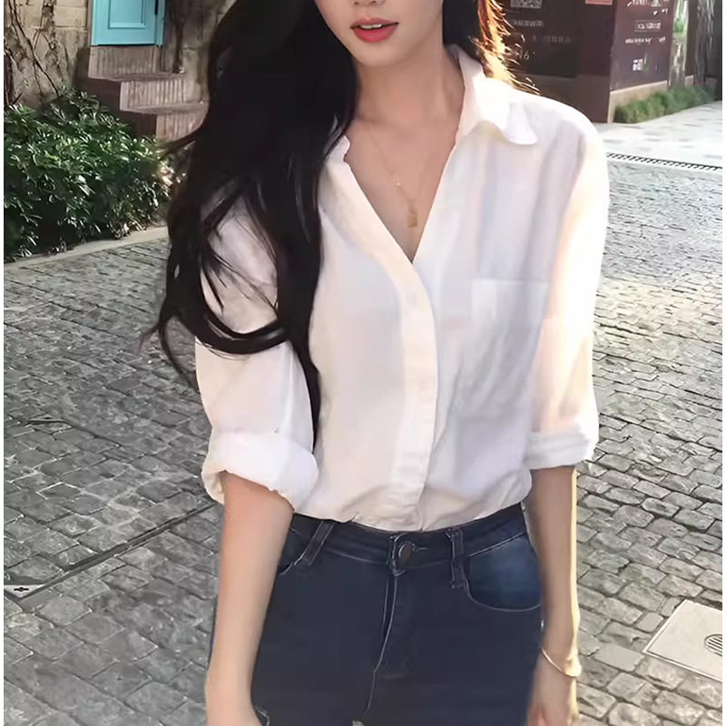 白色V领长袖衬衫女2026新款春季气质通勤简约衬衣设计感小众上衣