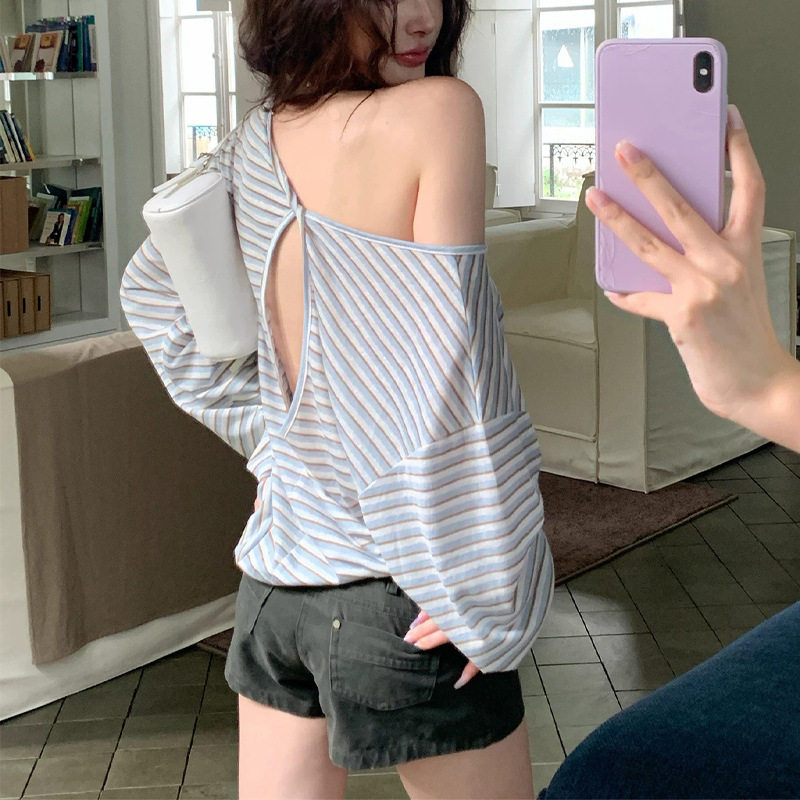 后背镂空条纹防晒长袖T恤罩衫女夏季慵懒松弛感外搭宽松薄款上衣