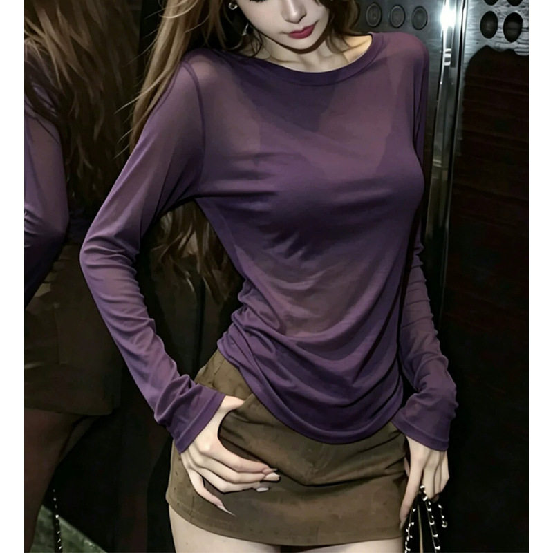 性感纯欲风紫色长袖T恤女透肌薄款防晒罩衫高级感绝美小上衣夏季