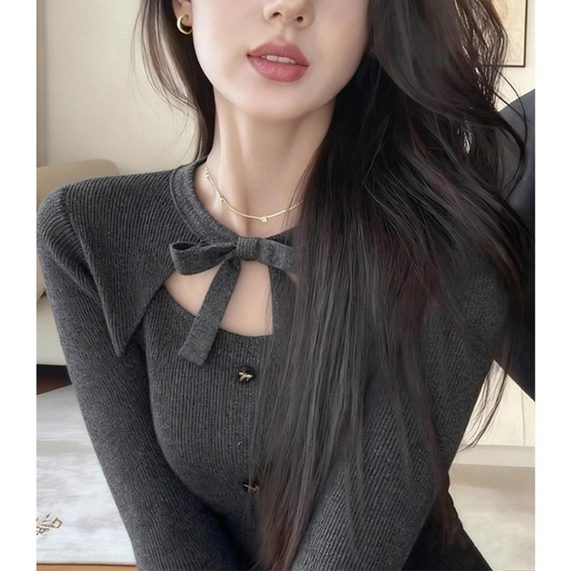 美式复古灰色蝴蝶结系带针织打底衫女设计感秋冬辣妹镂空长袖上衣