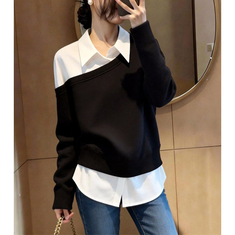 衬衫领撞色拼接设计感假两件2026春季女装新款松弛感百搭气质上衣