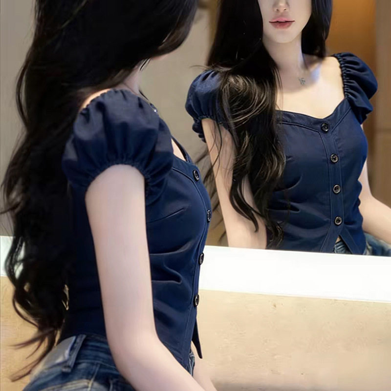 2026春季高级感轻奢减龄洋气小众独特超好看T恤蓝色花苞短袖上衣