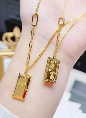 真金电镀通体钛钢暴富小金砖项链气质轻奢不掉色高级感配饰工厂价