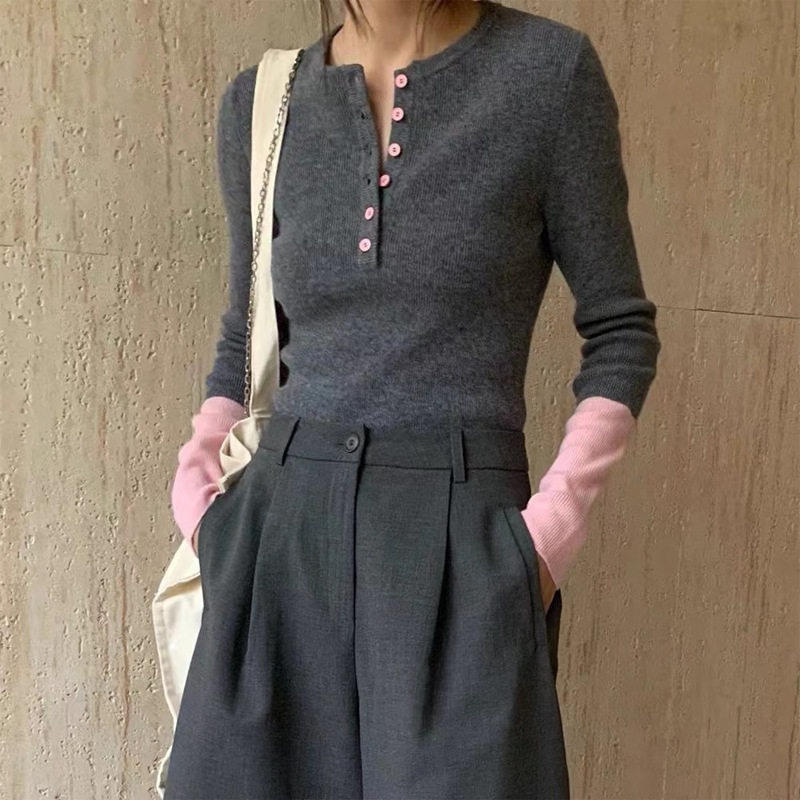 今年流行拼接袖子软糯舒适羊毛针织衫秋冬宽松百搭毛衣女上衣