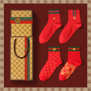 结婚红袜礼盒装 本命年男士 袜子红色纯棉属马年鸿运男女中筒袜同款