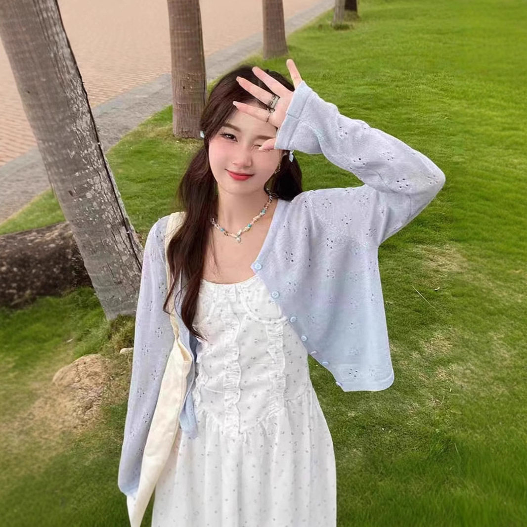 夏天海岛风假日防晒软糯开衫薄款女外搭外套提花休闲罩衫针织衫