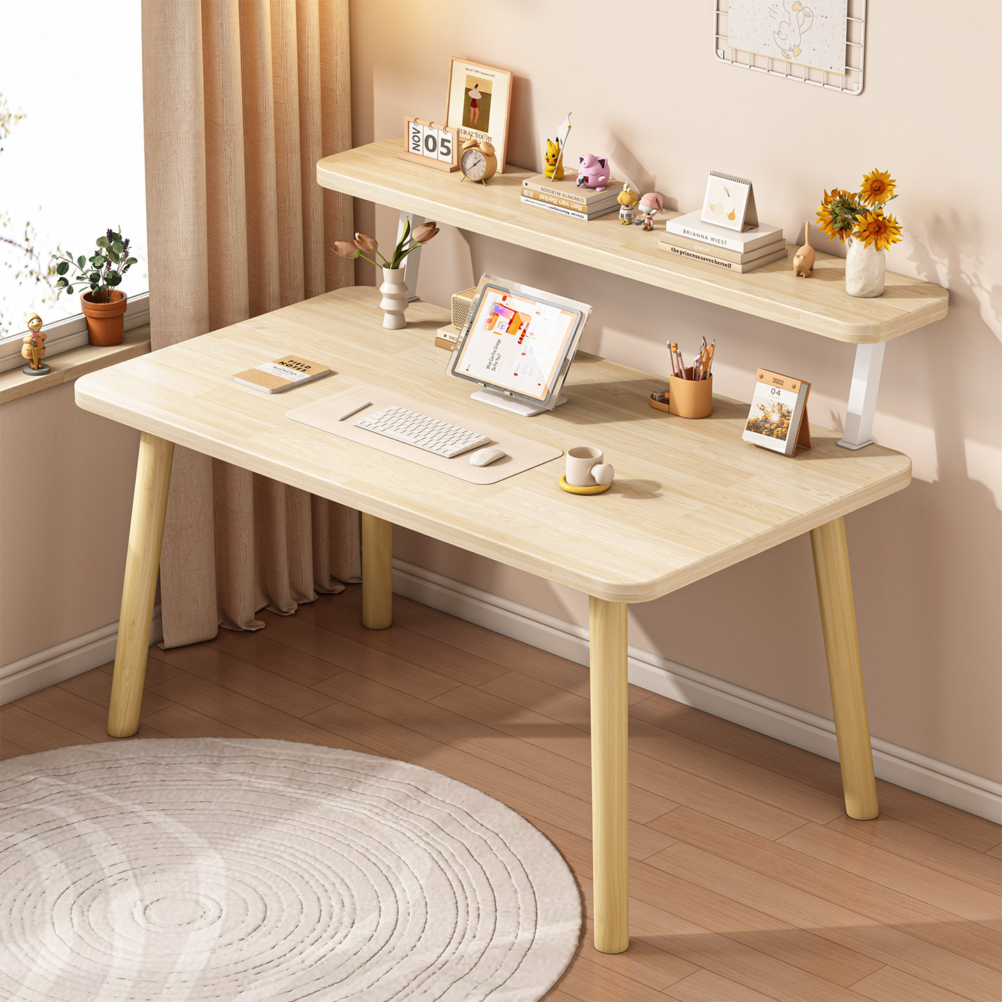 北欧风电脑桌台式家用简约书桌书架组合写字台现代办公桌学生书桌