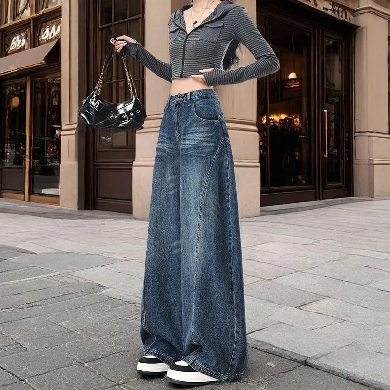 美式复古水洗弯刀阔腿牛仔裤女145小个子高腰宽松直筒裤拖地长裤,女装/女士精品,牛仔裤,淘宝优惠券,粉丝福利购,淘宝优惠卷