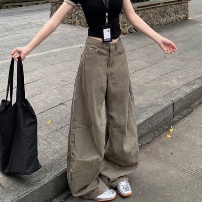 小个子高街复古工装阔腿牛仔裤女