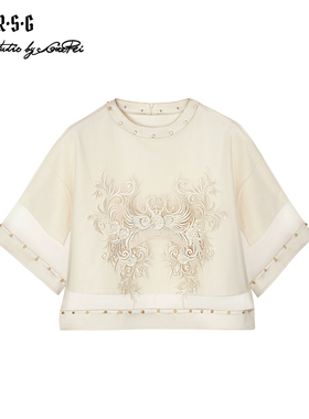 RSG郭培成衣品牌原创设计双凤刺绣网纱短袖T恤上衣