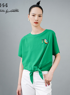 RSG郭培成衣品牌国风翠鸟刺绣下摆打结宽松T恤