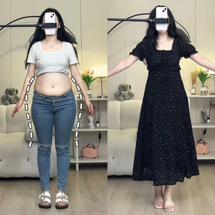 微胖mm遮肚子裙子 黑色法式 碎花连衣裙女夏季 长裙短袖 方领显瘦大码