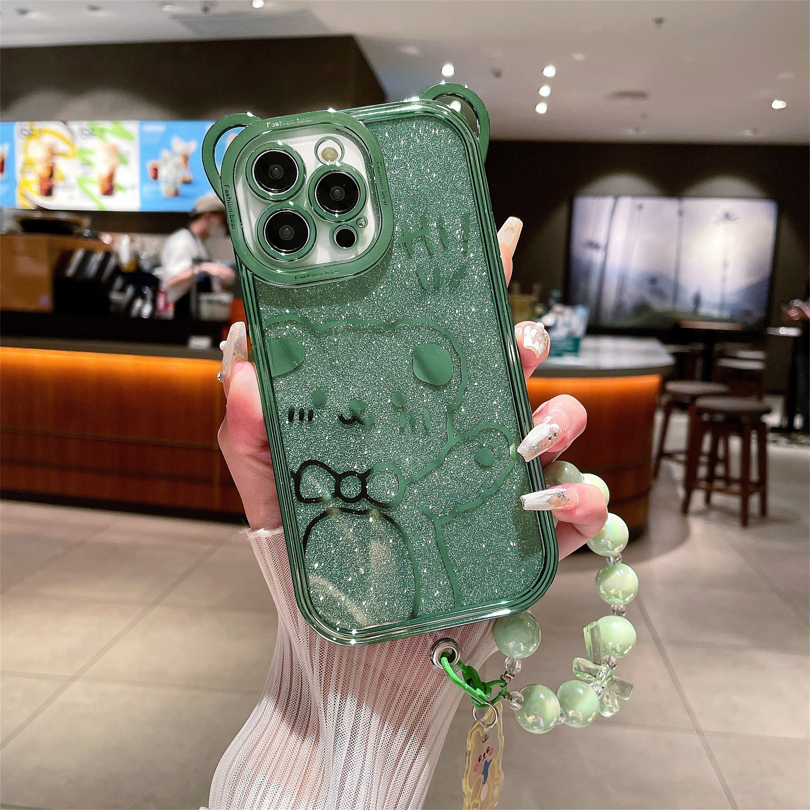 适用苹果ins闪粉小熊手链手机壳