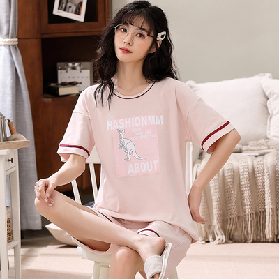 睡衣女夏季纯棉短袖短裤简约可爱春秋薄款两件套装女士夏天家居服
