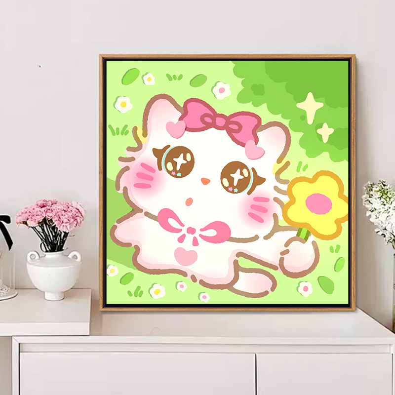 卡通小猫和小花diy数字油画简单儿童手工填色卧室装饰房间布置画图片
