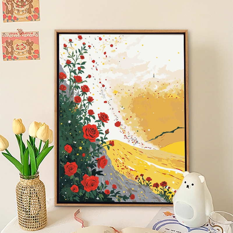 治愈系玫瑰鲸鱼插画数字油画填色diy打发时间手工丙烯艺术装饰画图片