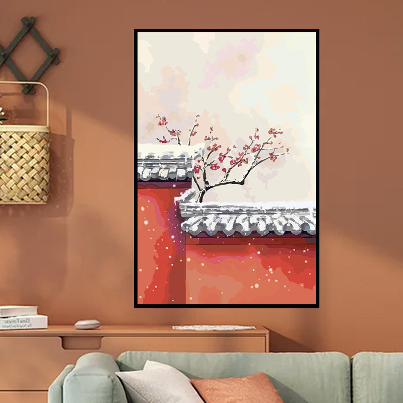 数字油画手工diy新中式客厅中国风手绘油彩画装饰古风红墙故宫画