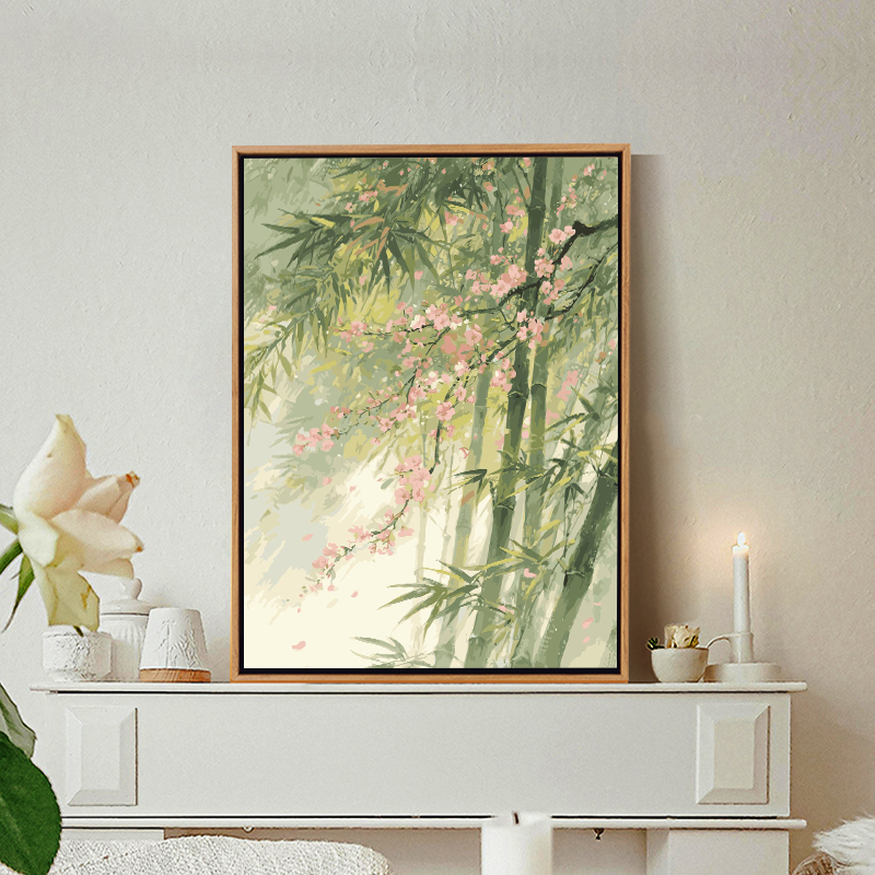 中式插画桃花挂画diy数字油画古风竹林丙烯画适合茶室书房装饰画图片