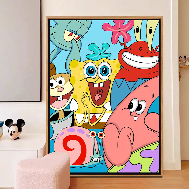 卡通海绵宝宝diy数字油画手绘儿童油彩画丙烯涂鸦填充动漫装饰画图片