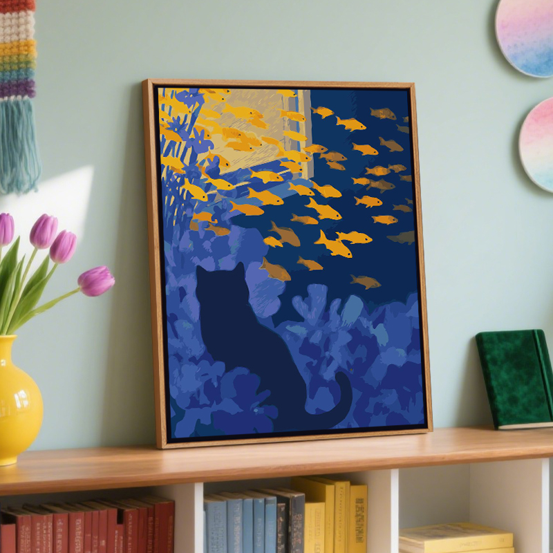 金鱼鸢尾花猫咪治愈插画风数字油画DIY手工填充电视背景墙装饰画图片