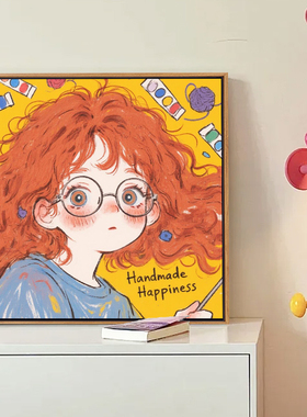 diy数字油画可爱女孩手工丙烯画橙色治愈系桌面摆件卧室装饰挂画