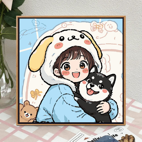 可爱女孩与小狗diy数字油画卡通