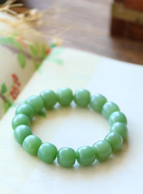 和田玉玉手串高品质玉石碧玉粉绿直切珠圆珠卡122天鉴赏期带证书