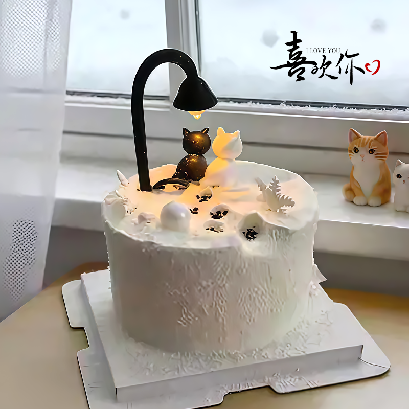 路灯下的小猫情人节蛋糕装饰巧克力摆件椰蓉翻糖雪花烘焙点缀配件