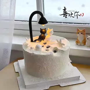 路灯下的小猫情人节蛋糕装饰巧克力摆件椰蓉翻糖雪花烘焙点缀配件