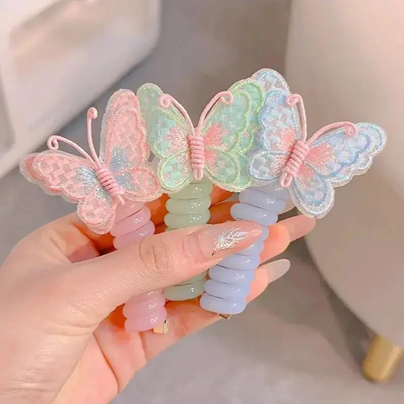 电话线蝴蝶发圈儿童头绳发圈高级感刺绣款蝴蝶结发绳头绳发饰H548