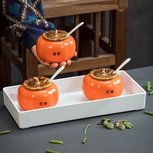 陶瓷调味品罐有盖小吃店辣椒油盐罐调料罐小号大号密封罐密胺托盘