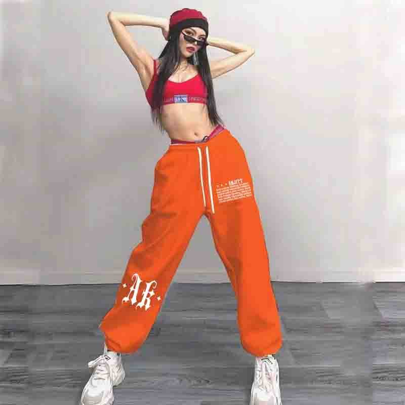 街舞hiphop嘻哈束脚运动裤女高腰宽松休闲爵士jazz跳舞长裤子ins