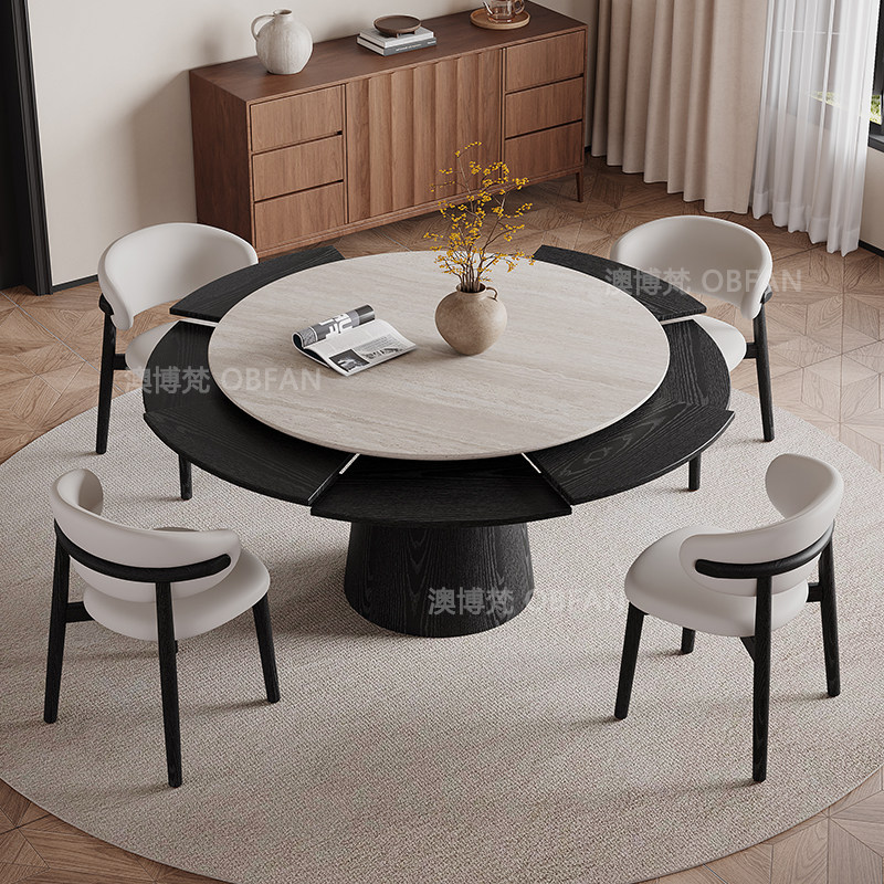 弗莱彻餐桌旋转放大伸缩洞石岩板圆形餐桌带转盘法式复古10人圆桌